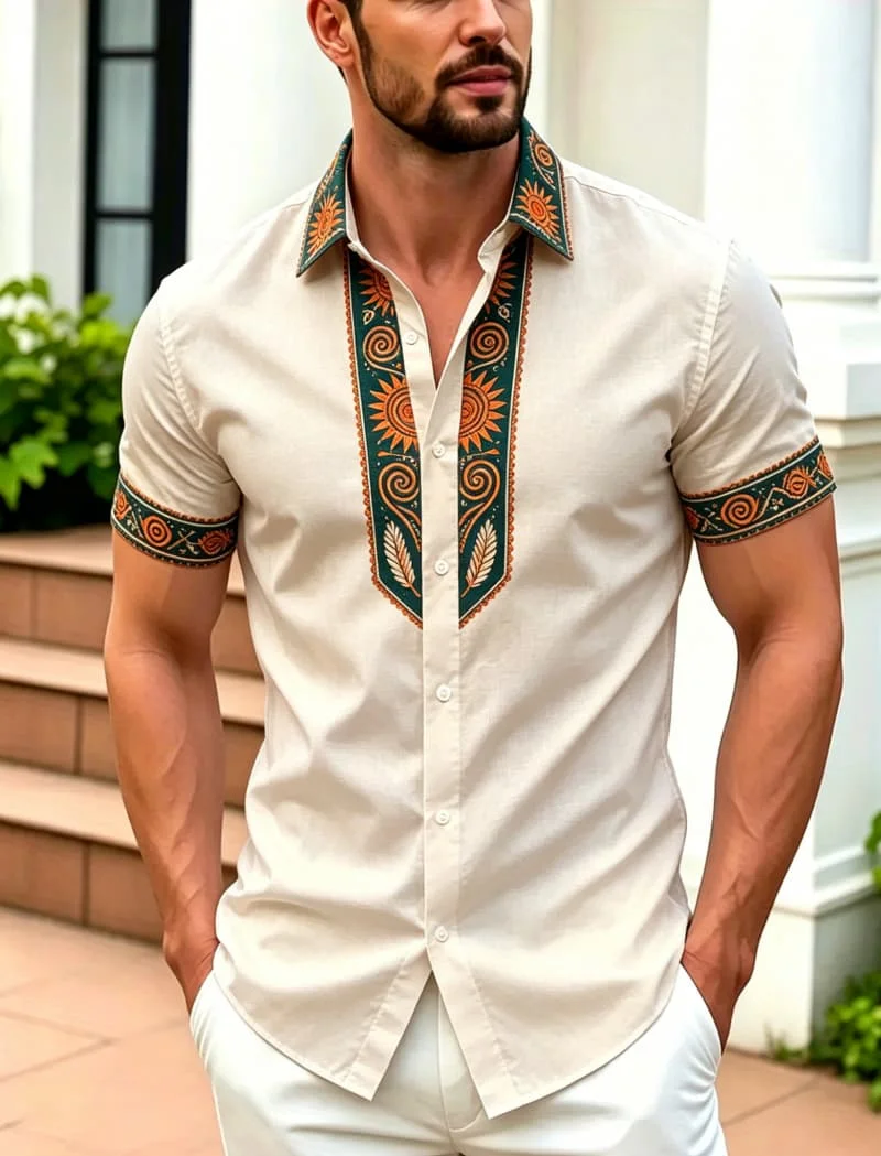2026 Men's Bohemian Printed Short Sleeved Shirt, Suitable for Summer Fashion Leisure Activities and Versatile Tribal Style