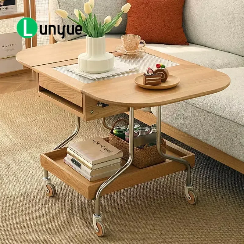 Solid Wood Folding Coffee Table with Wheels Movable Lifting Desktop Small Space Living Room Furniture