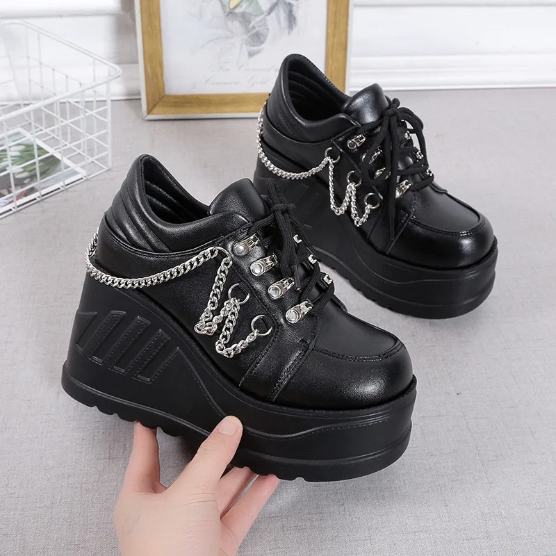 Metal Chain Punk Gothic Shoes Woman Thick Bottom High Wedge Sneakers for Women 2024 New Black Chunky Platform Y2K Uniform Shoes image 3