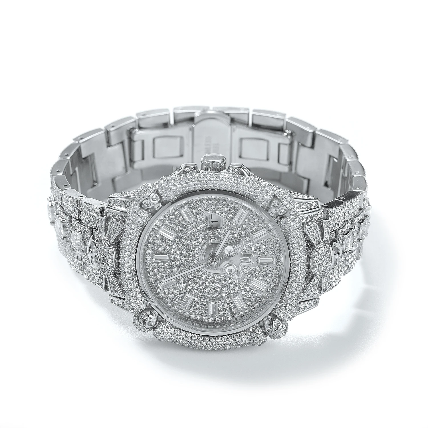 TBTK Luxury Hip Hop Bling Rhinestone Wrist Watch Round Case Punk Skull Pattern Bezel Quartz Dress Waterproof Watch For Men