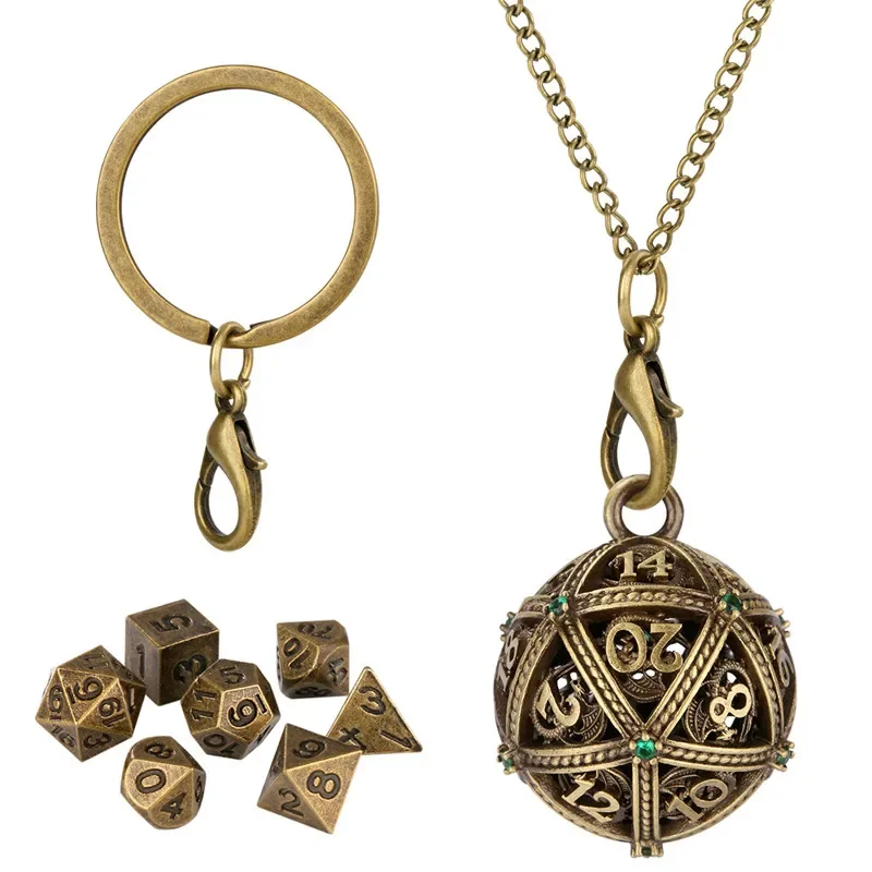 

Antique Round D20 Case Pendant Key Ring 7pcs Mini Polyhedral Dice Set Role Play Gaming Dices Storage Case Necklace Chain Gift