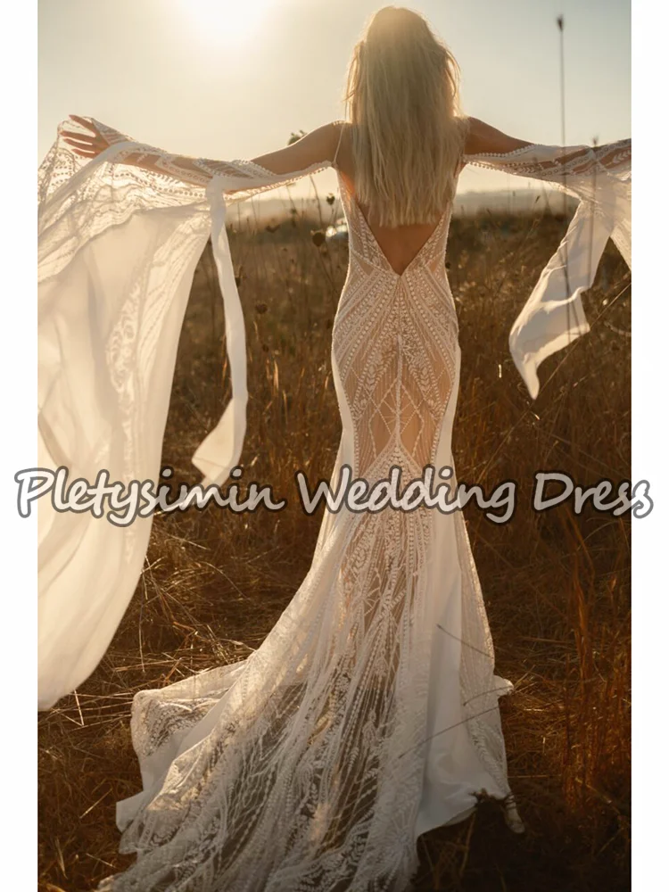 Boho cintas de espaguete vestidos de casamento v profundo sheer renda sereia vestidos de noiva batwing mangas largas vestido de novia personalizado