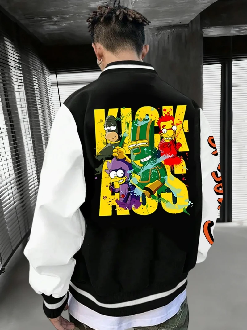 

Мужская бейсбольная куртка The Simpsons с забавным мультяшным персонажем и текстовым принтом "KI ASS" Мужская бейсбольная куртка в стиле ретро