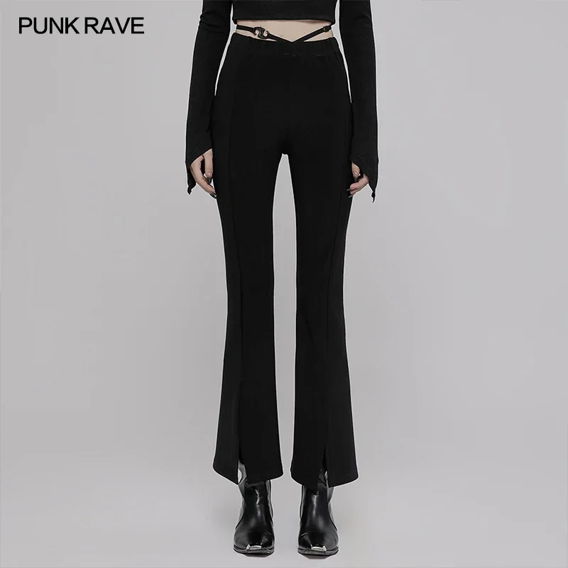 

PUNK RAVE Women's Micro Flare Pants with V-shaped Decorative Strap Punk Daily Simple Trousers Women Spring/Autumn