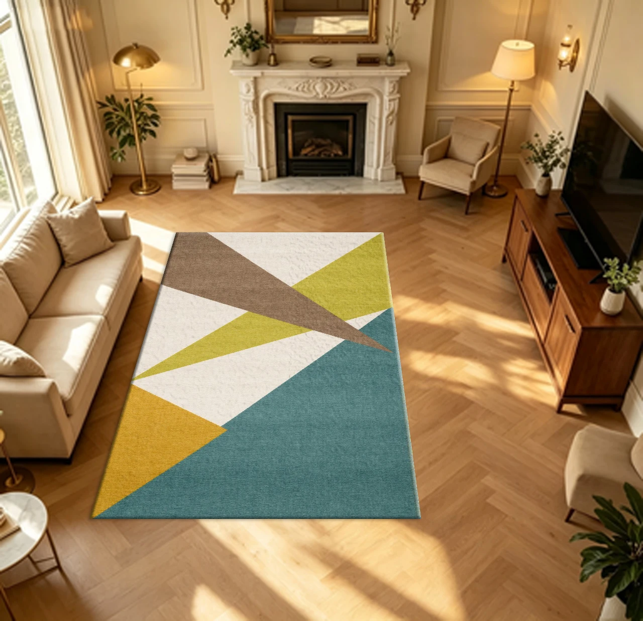 Mid-Century Modern Geometric Triangle Pattern Carpet Flooring Living Room Decor Area Rug