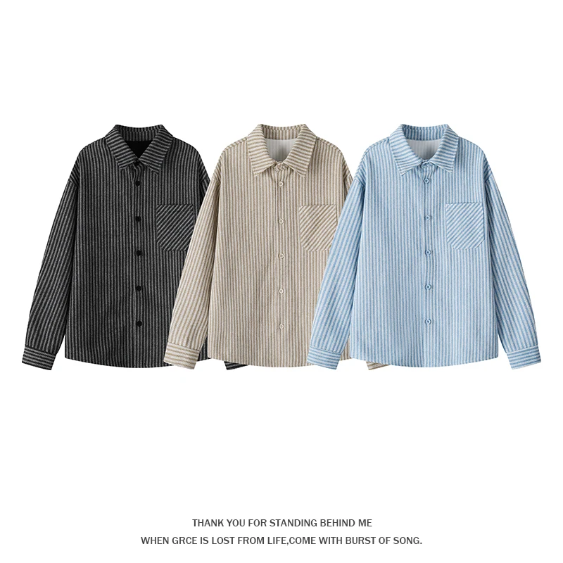 Men 2026 Autumn New Vintage Stripe Tweed‑Style Lapel Jacket Button‑Up Chest Pocket Casual Daily Male Outerwear Tops