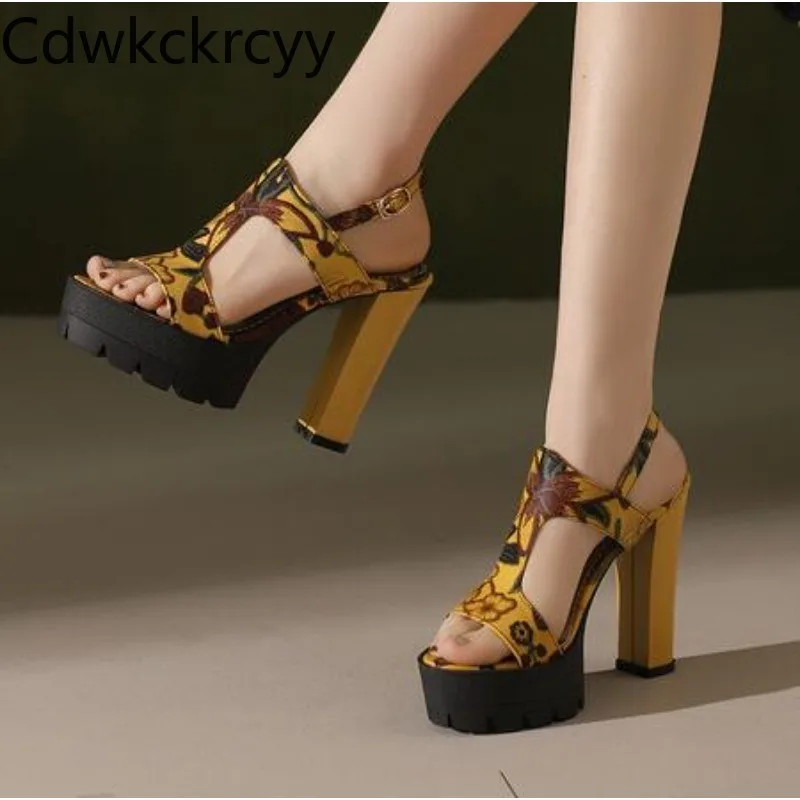 summer New styles fashion High heels Women's sandals Color blocking sweet flower Buckle Square heel Women's sandals high 12cm