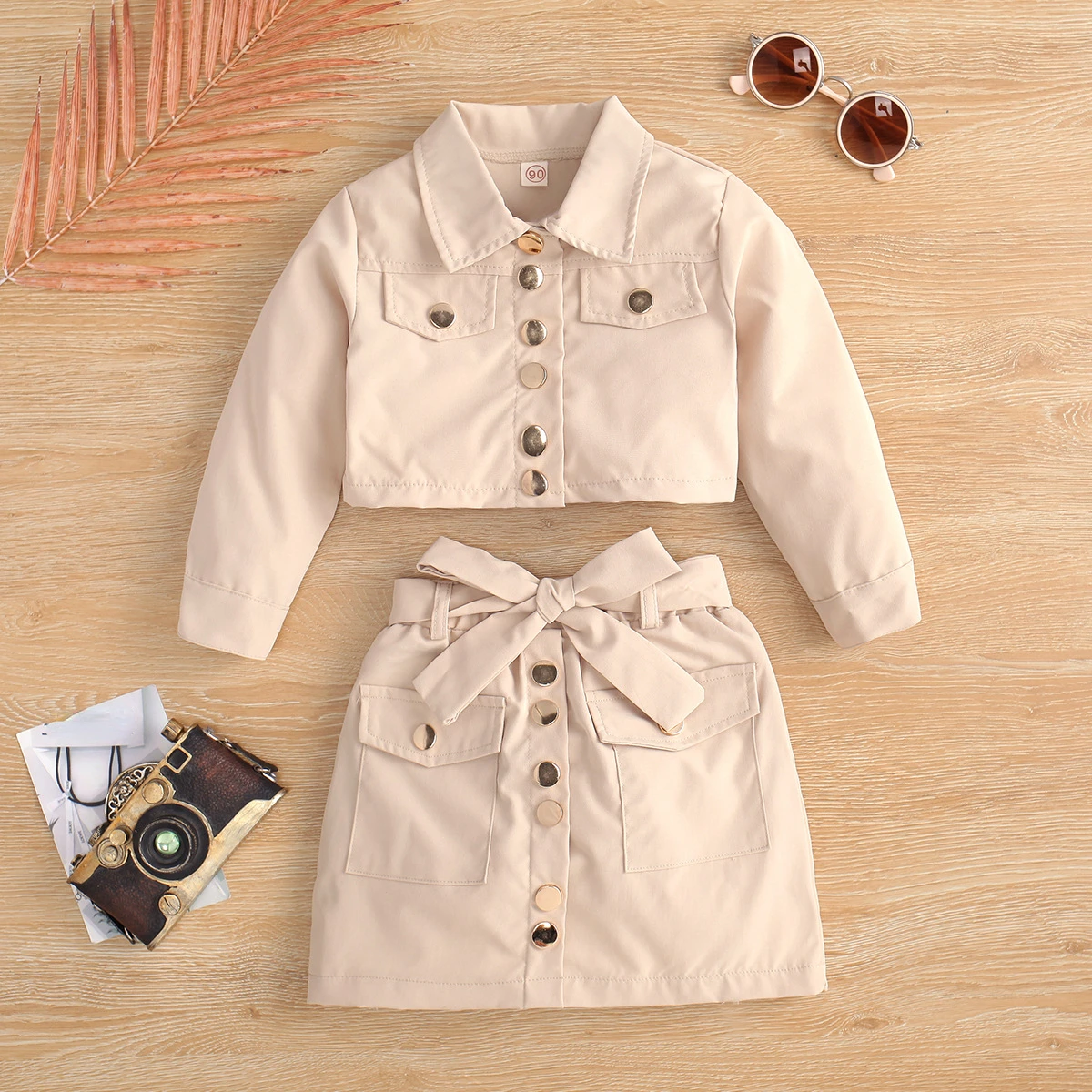 

Spring Solid Beautiful Pink Baby 2 Piece Sets Long Sleeve Turn Down Collar Jacket Bow Button Pocket Kids Skirts for Girls