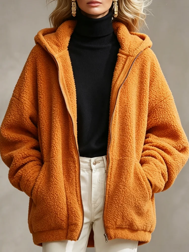 Women Loose Teddy Fleece Coat Hooded Zip Up Solid Orange Warm Sherpa Outerwear Fall Winter Daily Street Casual Jacket