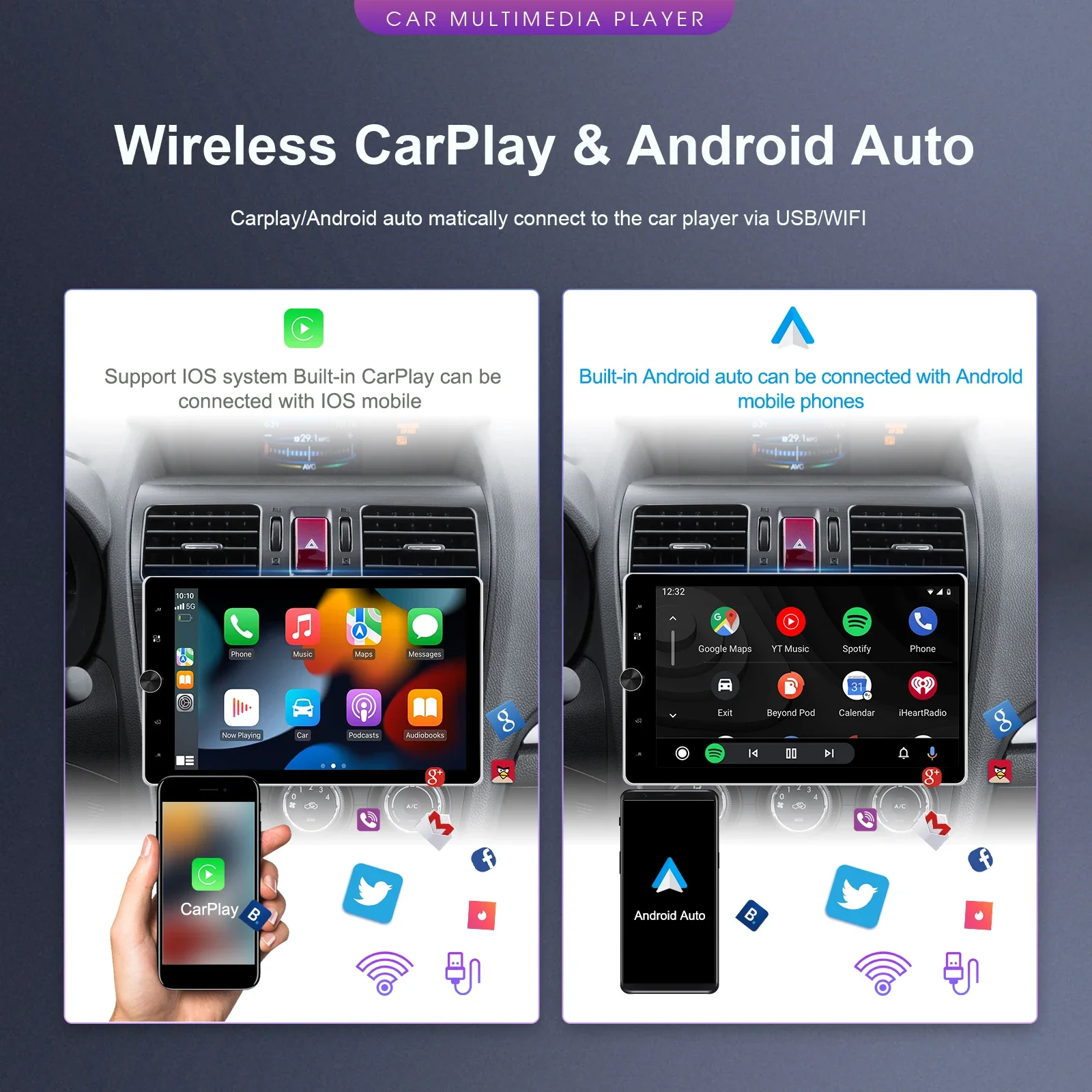 Podofo 1Din 10.4inch Car Stereo Radio Android 13 Rotating Screen Car Multimedia Player Bluetooth WIFI Carplay Android auto