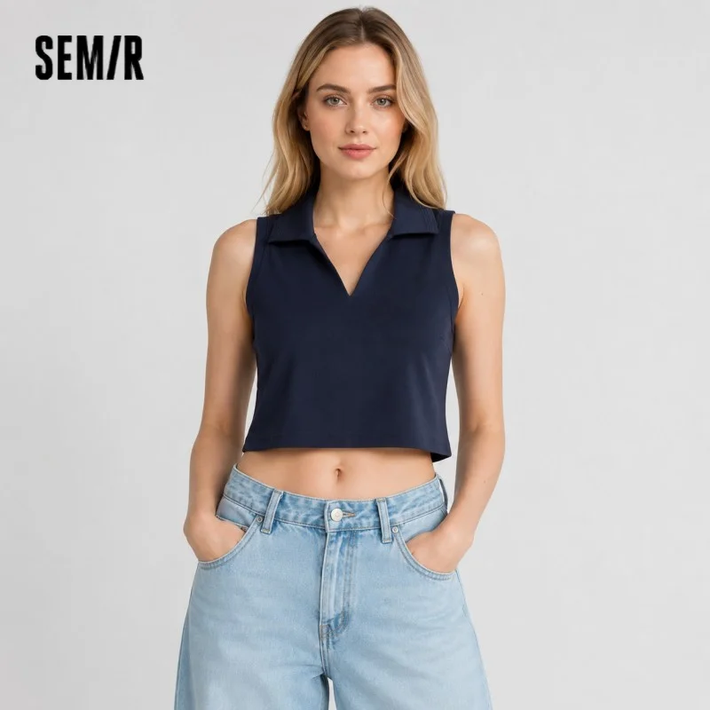Semir Women Tank Top Polo Collar Slim Solid Cropped Tank 2026 Summer Simple Casual