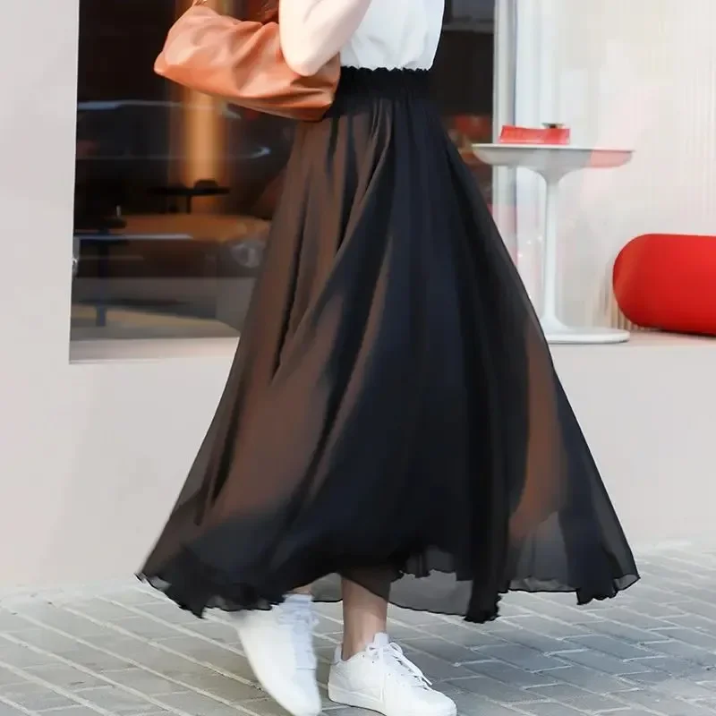 New Summer Chiffon Skirts Plus Size Full-Length Skirt High Waist Elegant Dance Skirt Pink Black Red Royal Blue White Long Skirts