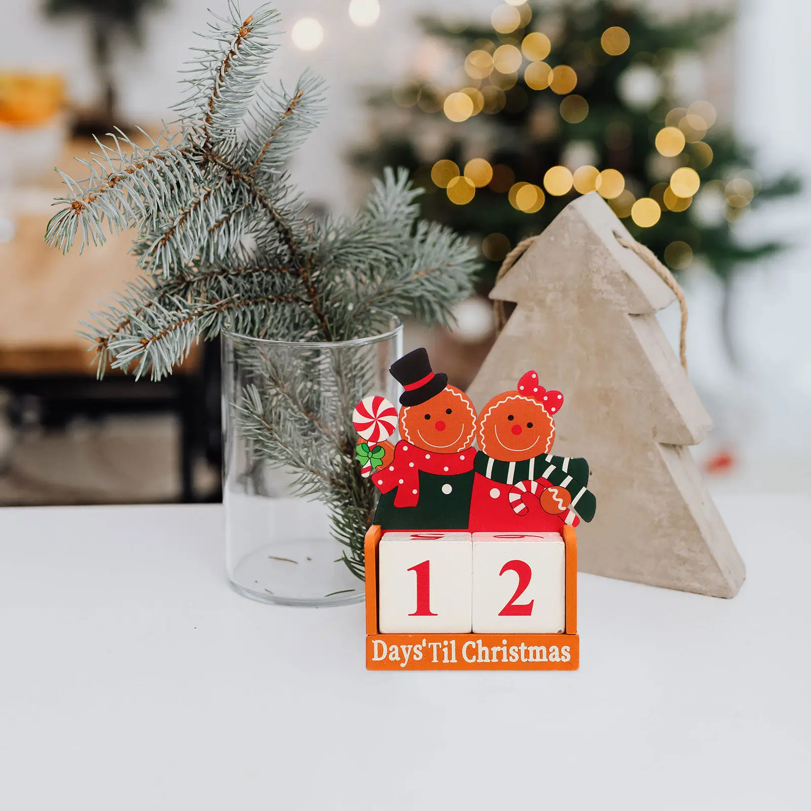 

Couples Gingerbread Man Wooden Christmas Calendar Desktop Decor Holiday Party Blocks Countdown Home Tabletop Decoration
