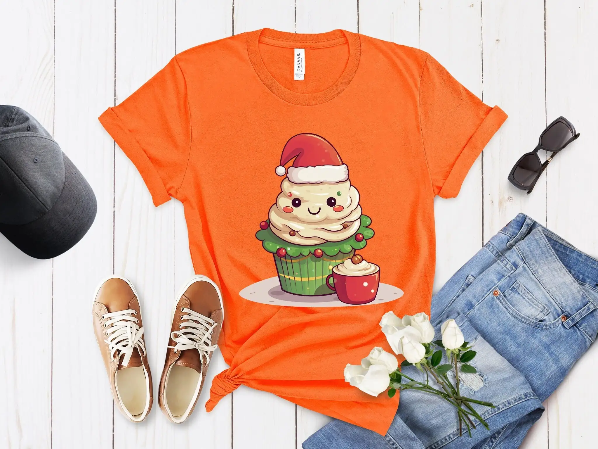 T Shirt with Christmas Tree Cake Santa Hat Coffee Cup Print Holiday for DTG Festive Apparel