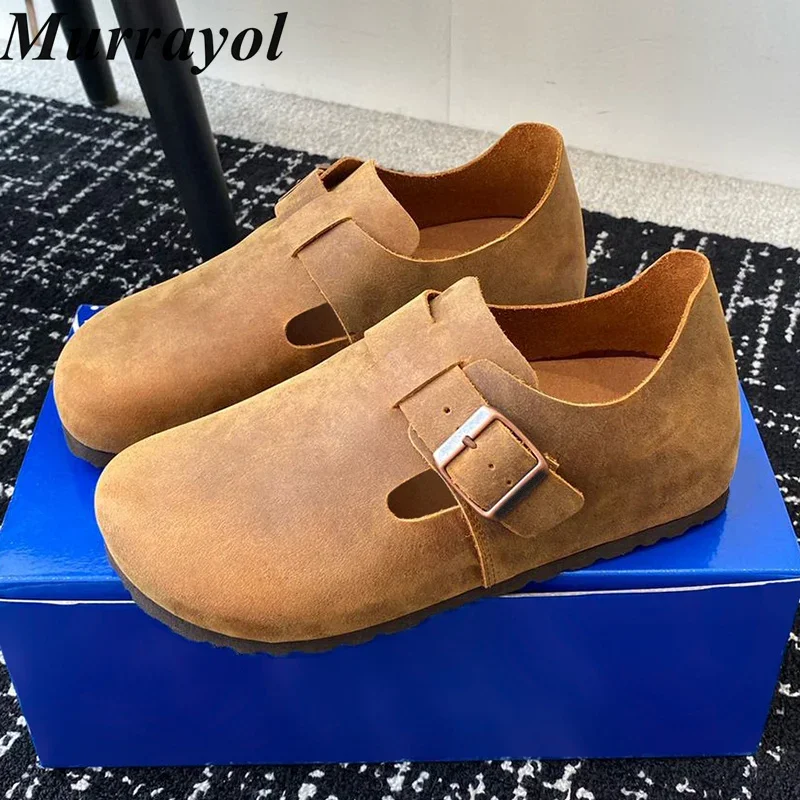 

Round Toe Genuine Leather Flat Shoes Women's Belt Buckle Design Thick Bottom Single Shoes Spring Autumn Retro Mary Jane Shoes