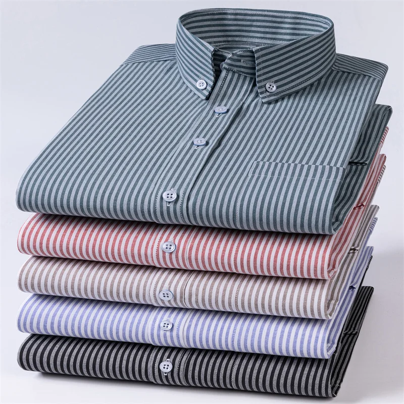 New Cotton Oxford Men's Shirts Long Sleeves Stripe Thin Soft Regular Fit Formal Dress Shirt Pocket Social Blouse Male Clothes