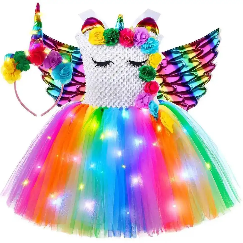 

Костюм единорога со светодиодной подсветкой и цветами для девочек, радужные единороги, платья принцессы с бантом и крыльями, детский наряд на Рождество и Хэллоуин