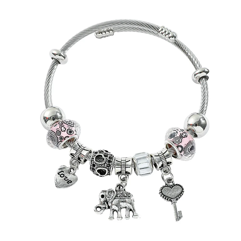 Verstellbarer silberfarbener Elefantenherz-Anhänger, künstlicher Zirkon-Armreif, rundes Perlenarmband für Damen, elegant für Hochzeiten