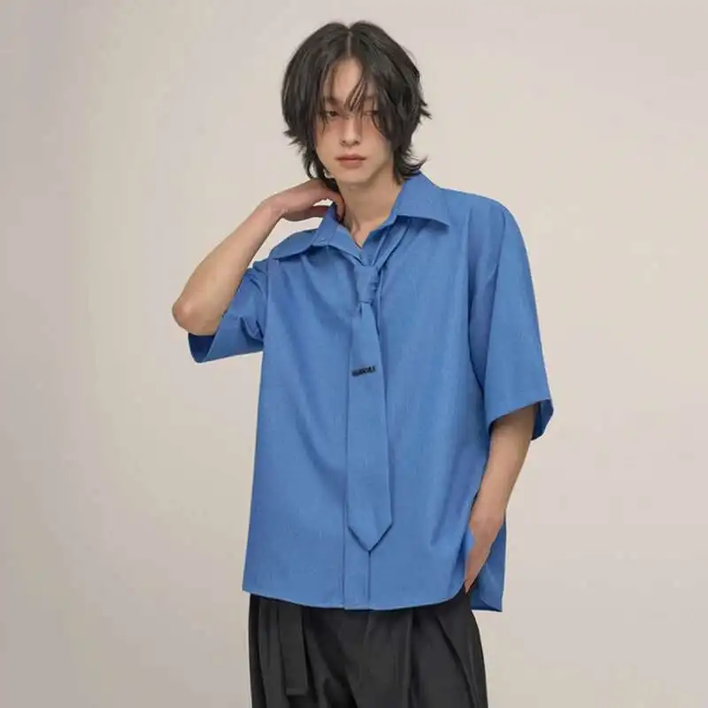 

SYUHGFA Korean Style Men's Shirts Turn-down Collar Solid Color Letter Tie Decoration Short Sleeved Single Breasted Male Tops