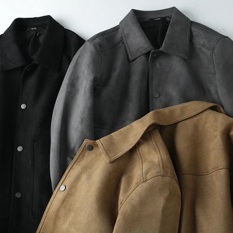 

High Quali Suede Jaet for Men Retro Lapel Casual Commute Autumn Busin Outerwear Stand Fit Long Sve Youthful