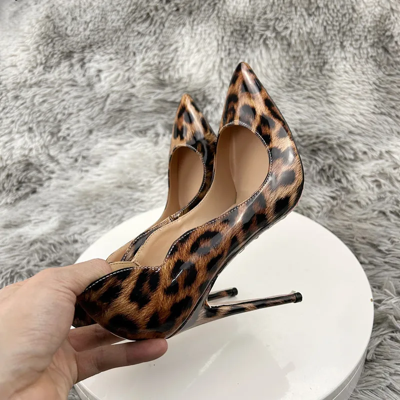 Tikicup Leopard Print Women Curl Wedged Pointy Toe High Heel Shoes Sexy Ladies Slip On Stiletto Pumps for Party 8cm 10cm 12cm