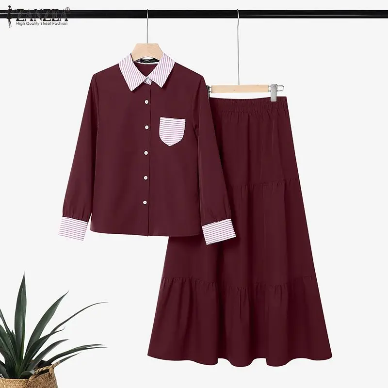 Muslim Women's 2-Piece Sets Striped Patchwork Shirts & Tiered Maxi Skirts Matching Sets ZANZEA Fashion Islamic Hijabi Outfits