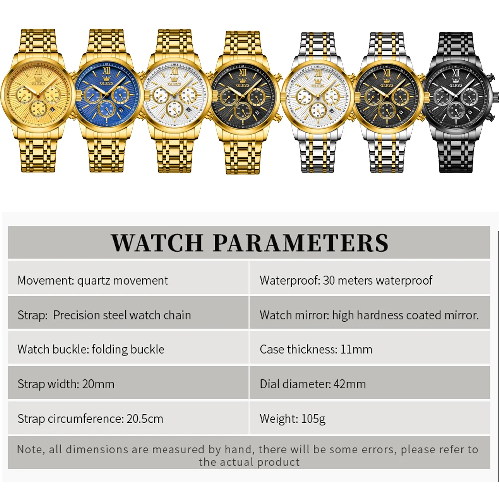 OLEVS 2023 New Gold Watch for Men Stainless Steel Waterproof Chronograph Calendar Man Watch Luxury Top Brand Men\'s Wristwatches