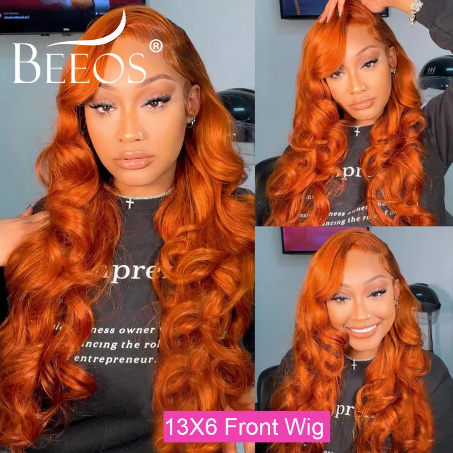 34inch Orange Ginger 13x6 HD Lace Front Human Hair Wigs Body Wave Colored Wigs Middle Part Brazilian Hair Pre Plucked For Women