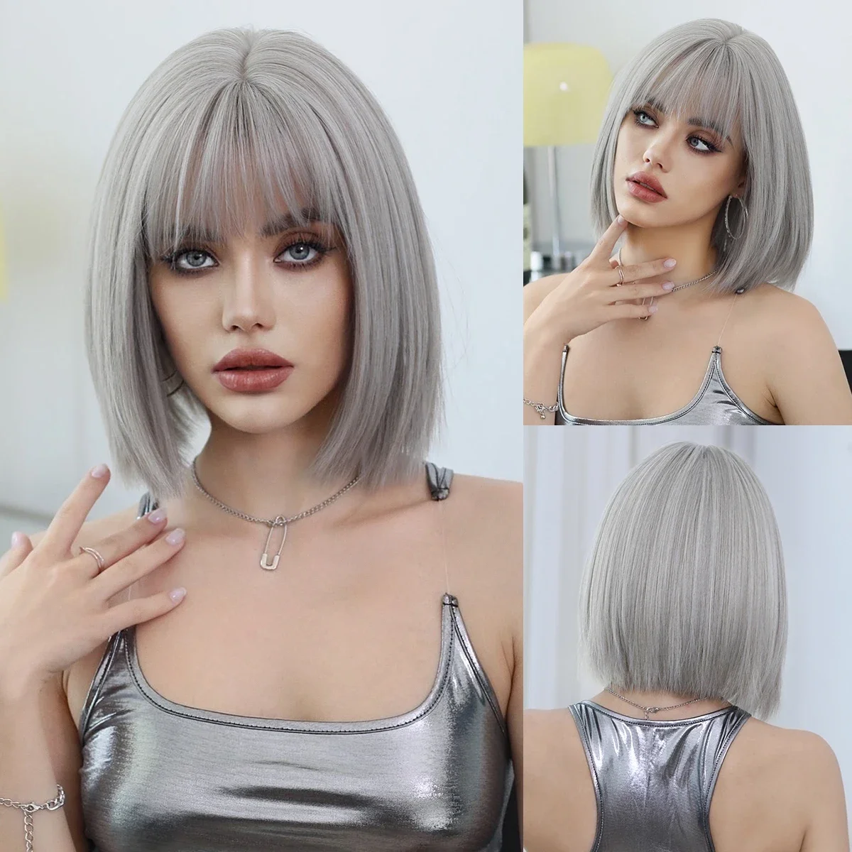 

Synthetic Ash Silvery Bob for Women Daily Party High Density Layered Short Straight Cut Wigs