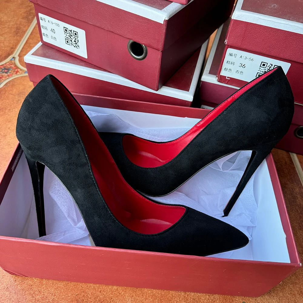 Veowalk Customize Black Flock Women Sexy Red Pointy Toe High Heel Shoes Elegant OL Lady Work Stiletto Party Pumps 8cm 10cm 12cm