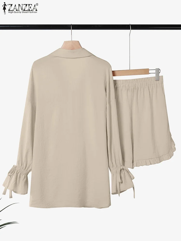 ZANZEA 2025 Fashion Autumn Women Suits Short Sets Casual Ruffled Long Sleeve Shirts Loose Shorts Outfits Elegant Work Sets 2PCS