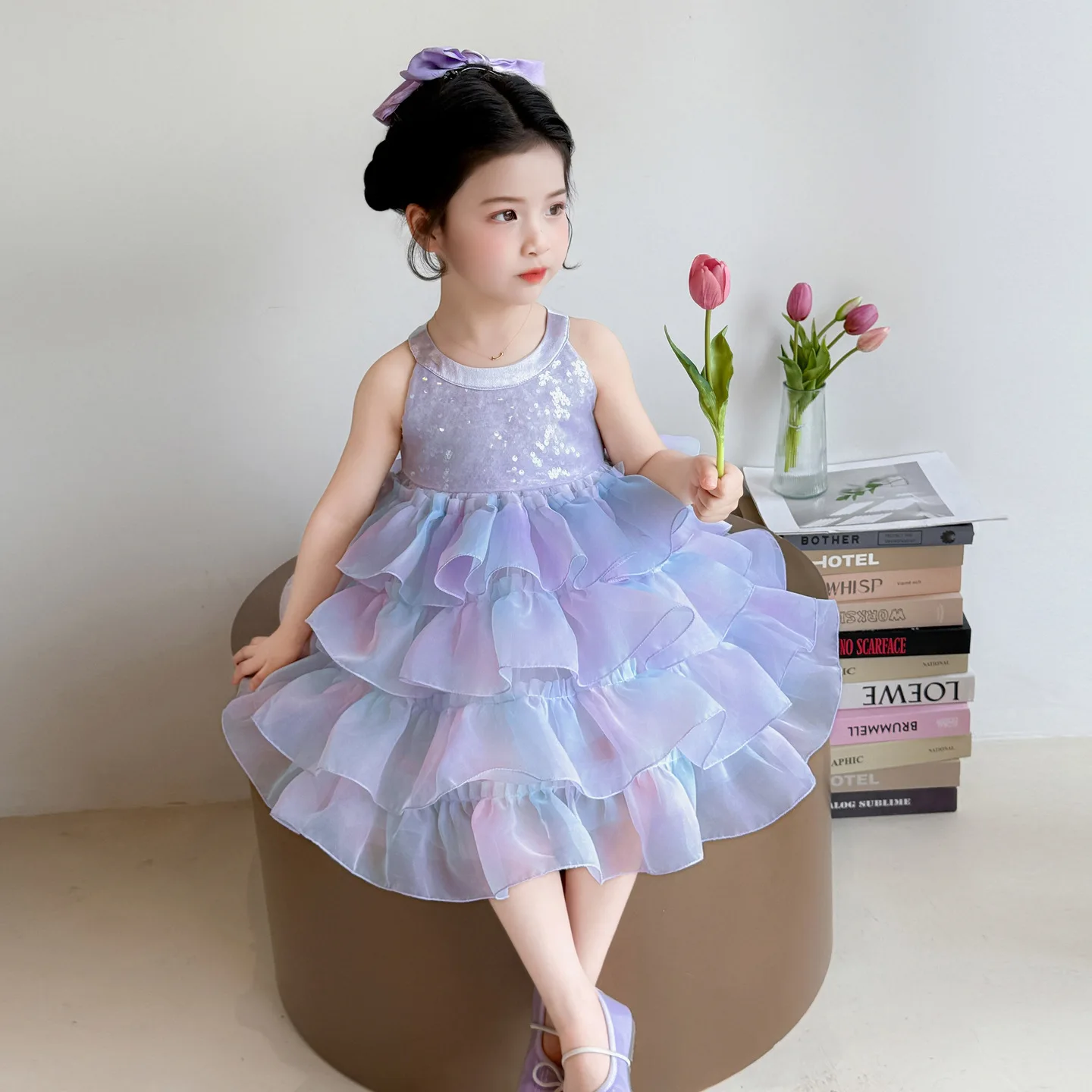 Baby Girls' Beautiful Dress Summer 2026 New Stylish Baby Sequin Mesh Princess Children's Summer Cake Dress