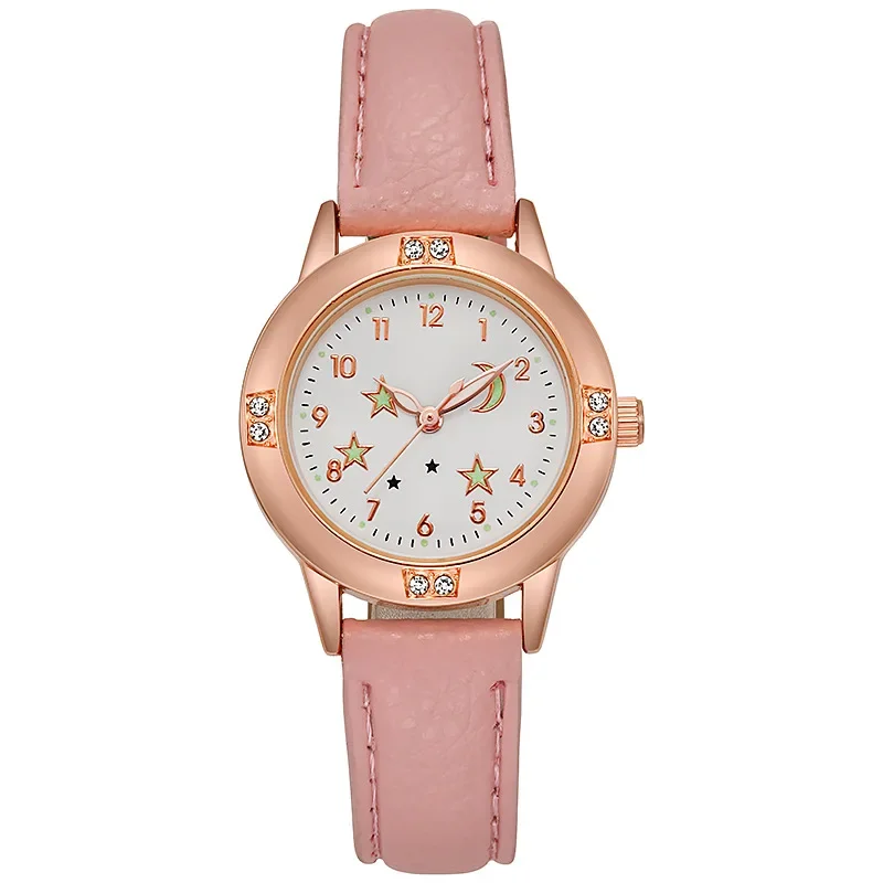 Reloj de cuarzo luminoso para niñas y mujeres, pulsera de cuero, informal, lindo, estrella, Luna, nuevo