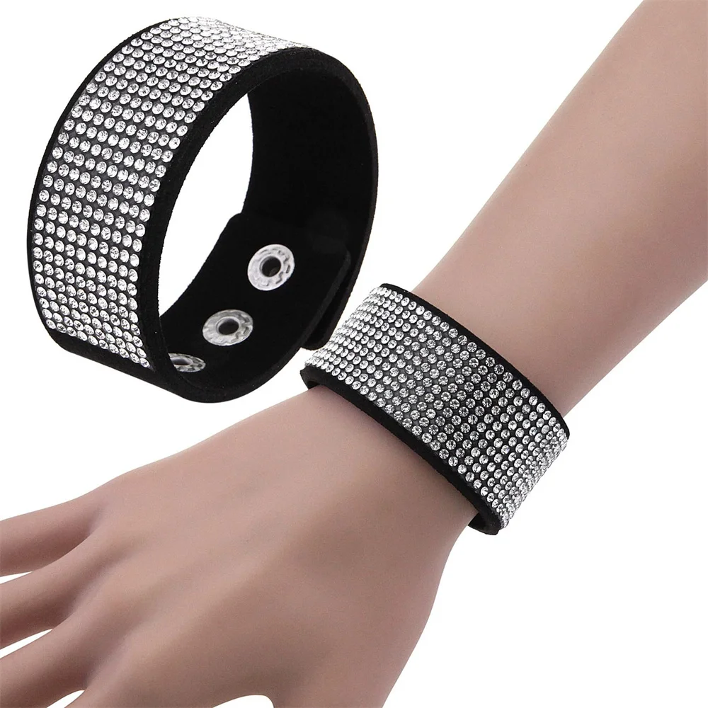 Fashion Night Club Style Sparkling Rhinestone Pu Leather Wide Bracelet Bangle for Women Jewelry Hidden Buckle Wristband Bracelet