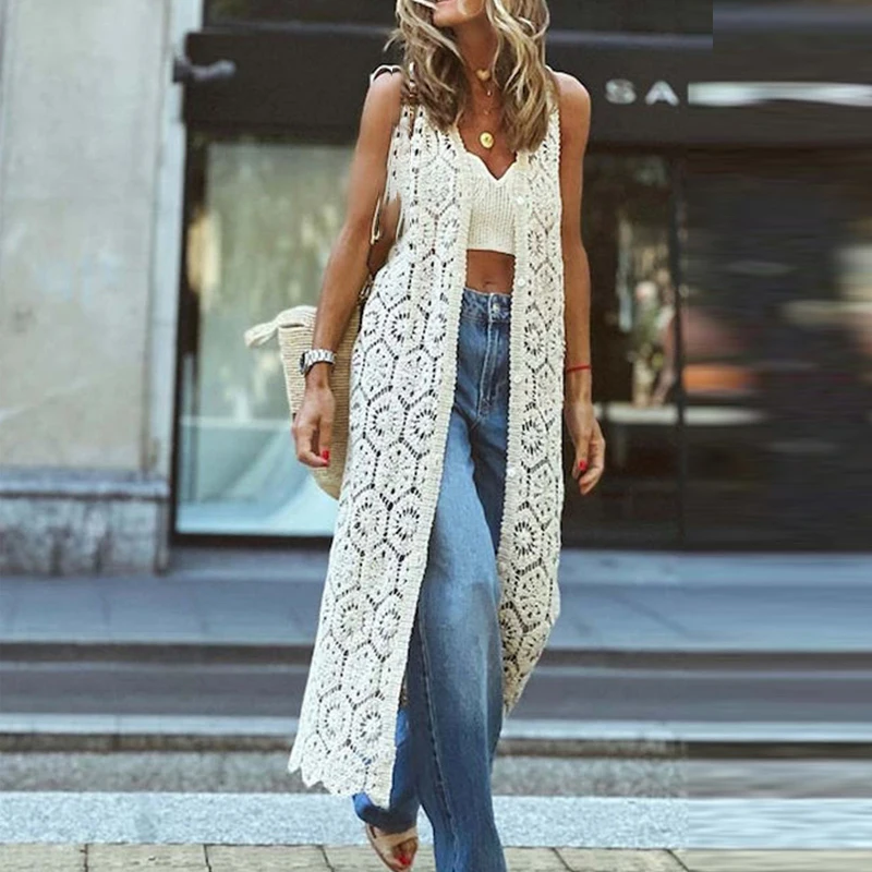 

Loose Single Breasted Sleeveless Outwear Lady Casual Vacation Streetwear Fashion Hook Flower Knitted Hollow Out Long Cardigans