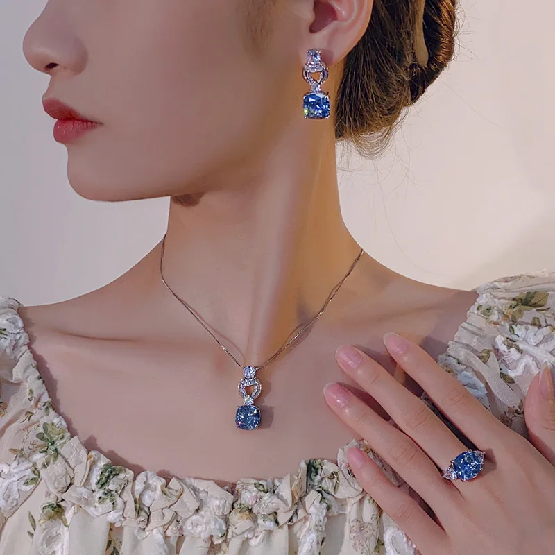 

Blue Square Cubic Zirconia Jewelry for Women Adjustable Ring Dainty Necklace Elegant Drop Earring Luxury Bridal Wedding Jewelry