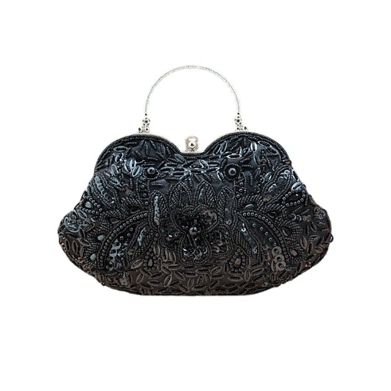 

Fine Vintage Beading Flower Evening Bags Metal Handle Handbags For Women Retro Black Gray Purple Small Cluch Chain Shoulder Bag