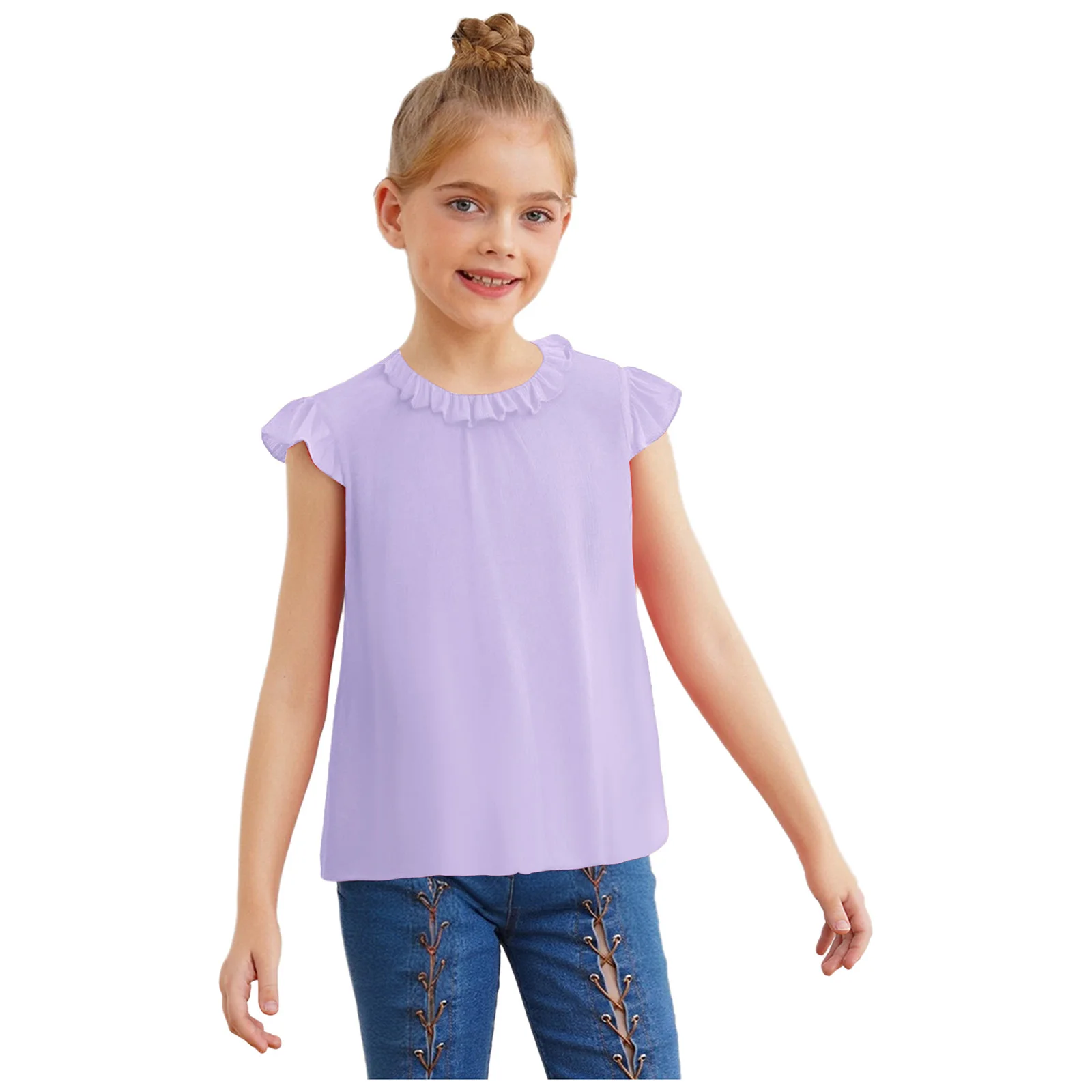 

Kids Girls T-shirt Cute Ruffled Sleeves Frilly Collar Korean Version Blouse Tops for Wedding Party Birthday School Girls Clothes