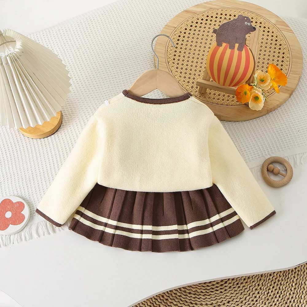 Girls Knitted Clothes Sets Spring Autumn Children Woolen Jersey Sweaters Coats Skirts Princess Dress Suit For Baby Outfits Kids