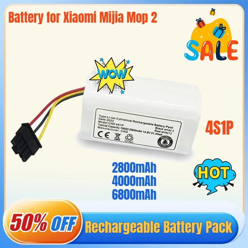 Replacement Battery 18650 4S1P for Xiaomi Mijia Sweeping Mopping Robot Vacuum Cleaner Mop 2 Lite 2600mAh-6800mAh Bateria 14.4V