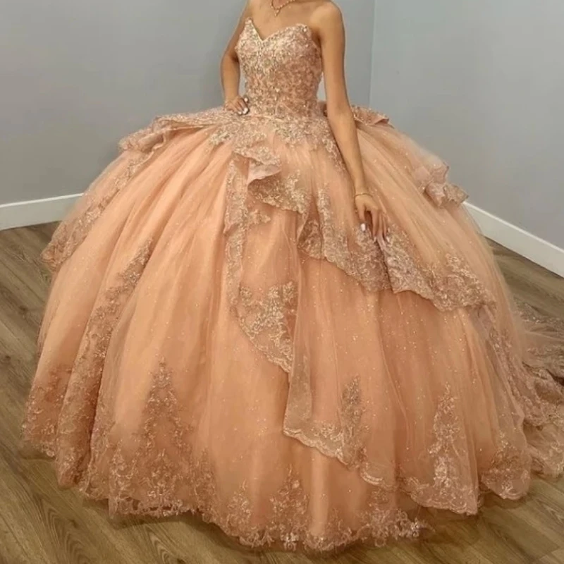 

Mexico Champagne Shiny Off The Shoulder Ball Gown Quinceanera Dress Appliques Lace Beaded Birthday Party Gowns Sweet 16 vestidos