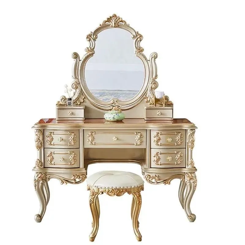 Solid Wood Carved Flower Princess Style Dresser Champagne Gold Vanity Cabinet for French Villa Bedroom European American