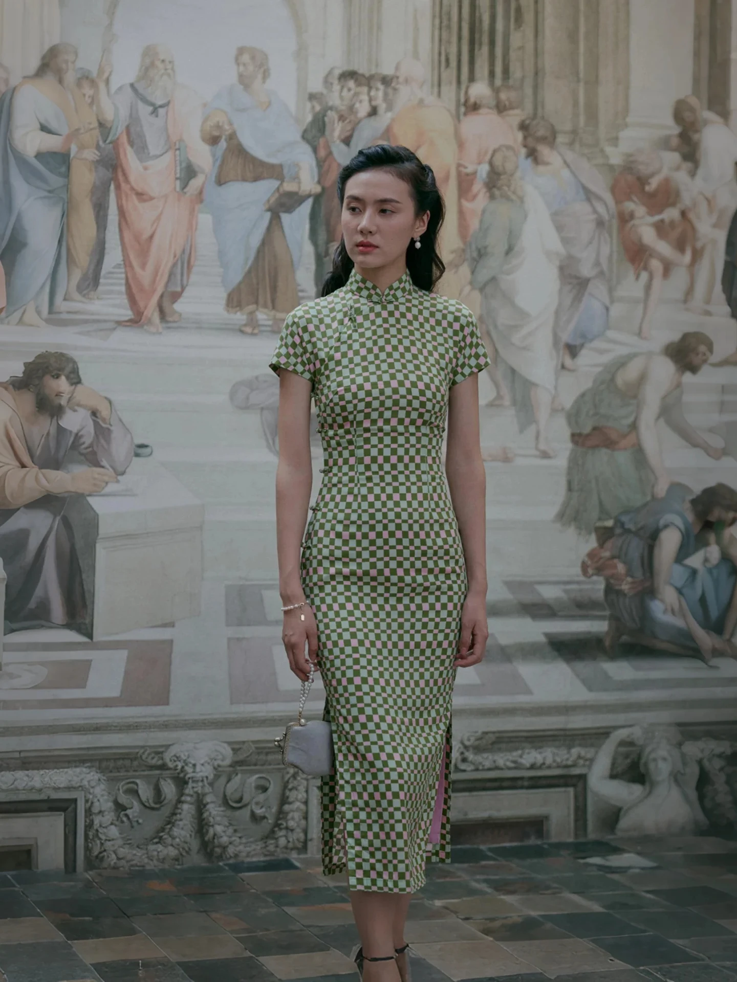 

M ort Sve Cotton Silk Retro Daily Pink Banana Window Buttoned Low Slit Breathable Mid-Length Cheo...