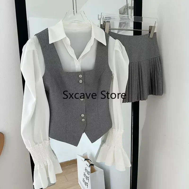 2023 autunno Kpop outfit 3 pezzi Skrits Set camicette bianche + avvolgere l\'anca gonne a vita alta + gilet Chic abiti moda giapponese Chic