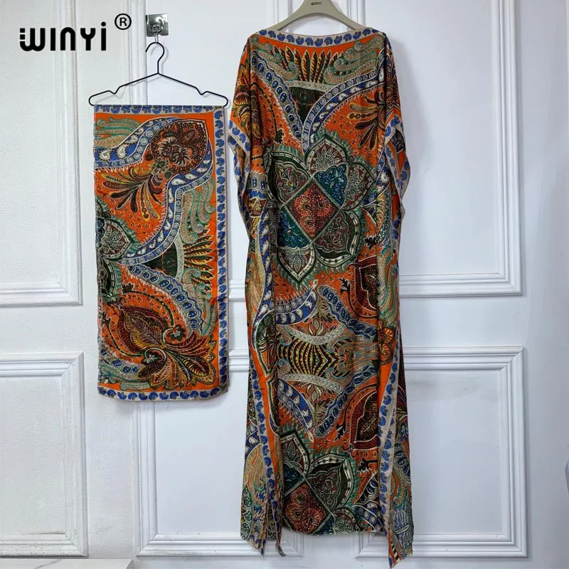 

WINYI New African Women Dashiki Classic cashew print muslim woman dubai Free Size Design With Scarf Loose African Elegant Dress