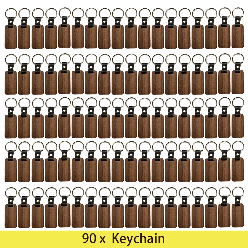 90pcs Leather Keychain Unfinished Blank Wood Keychain Wooden Tag  Blank Wood Keyeing With Leather Belt Key Ring