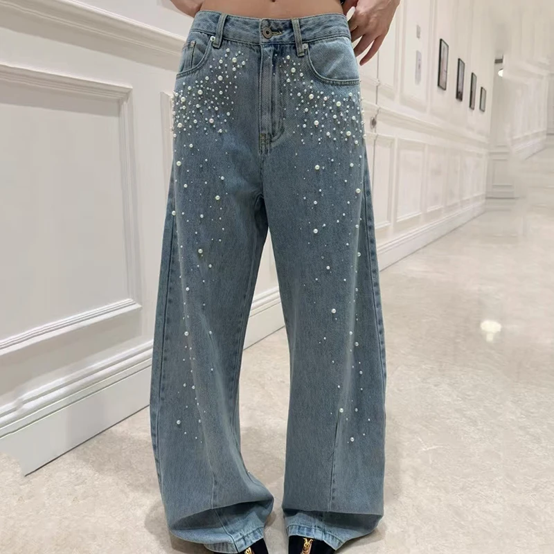 

Women's Pearl Decoration Jeans, Fashion Casual Versatile Wide Leg Pants, High Quality Cotton Trousers, 2025, New, Spring