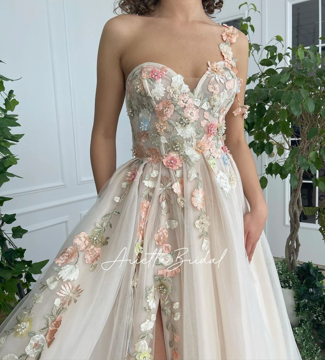 Arietta Champagne Floral Tulle Maxi Prom Dresses Customized Sweetheart Lace Appliques High Slit A-Line Wedding Party Gowns