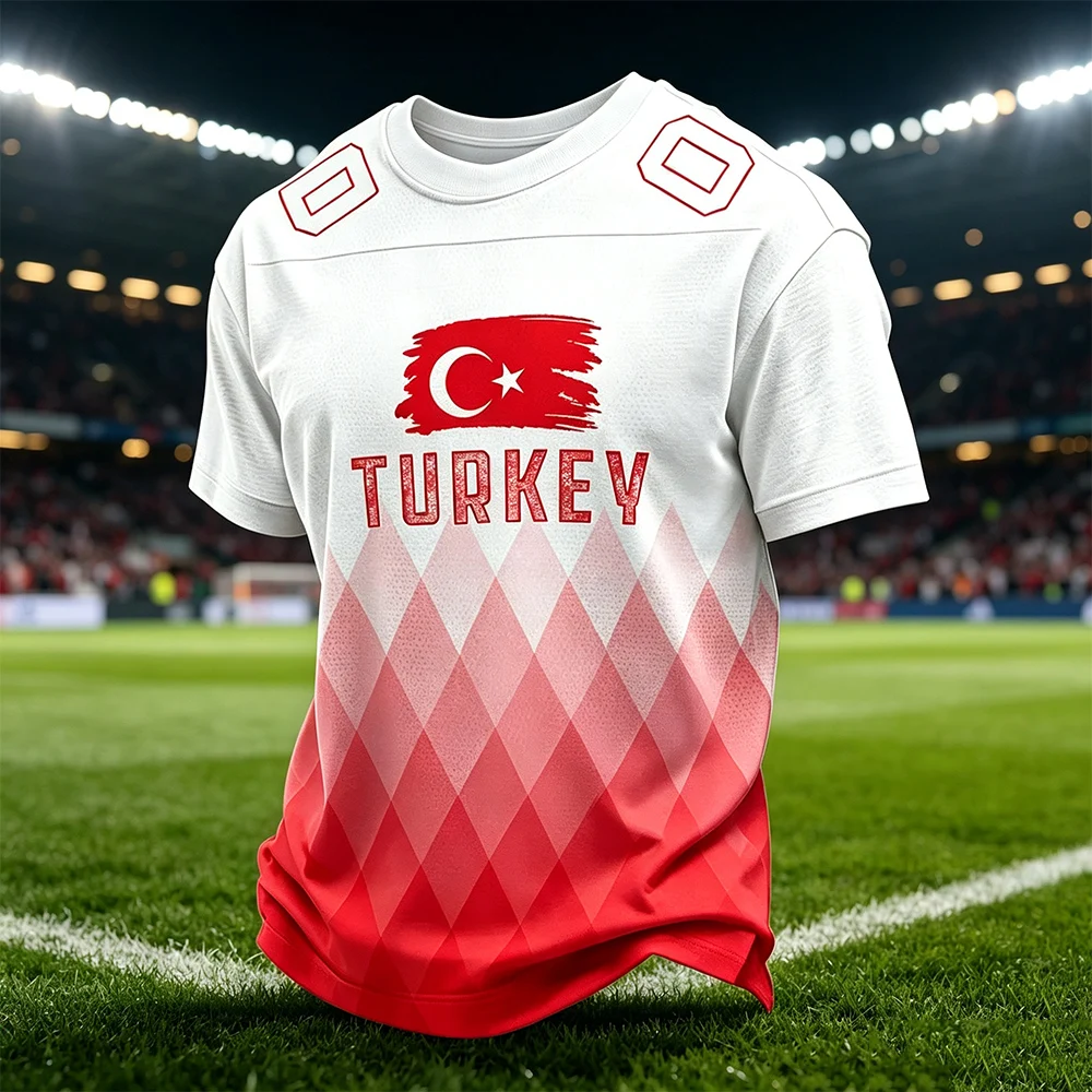 Men Turkey Football Jersey White Red Rhombus Gradient Short Sleeve Soccer Shirt Fans Sports Training Fan Jersey Family Kids Tees
