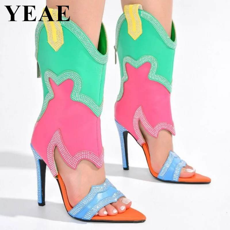 

New Mixed Color Rhinestone High Heels Sandals Women Fashion Summer Peep Toe Wedding Shoes Sexy Ladies Party Gladiator Sandals